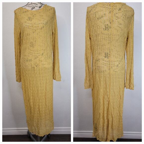H&M Slip Maxi Dress Sz L/XL Prints Lace Mesh Sheer Yellow Long Sleeves Whimsycal - Picture 1 of 11